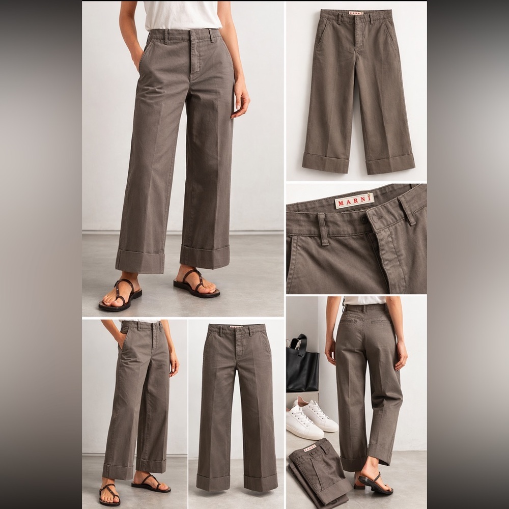 Marni Cotton Wide-Leg Cuffed Trouser Pants